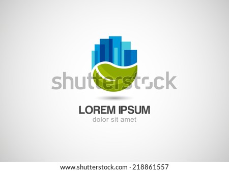 Green leaf with blue city buildings silhouette. Vector logo template. Abstract design concept for ecology theme, real estate agency, building company, urban landscape, city life.