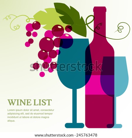 Wine bottle, glass, branch of grape with leaves. Abstract vector background design template with place for text. Concept for wine list, menu, flyer, party, alcohol drinks, celebration holidays.