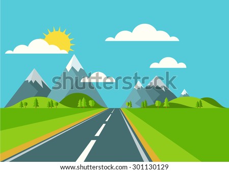 Vector landscape background. Road in green valley, mountains, hills, clouds and sun on the sky. Flat style illustration of spring or summer nature.
