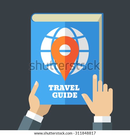 Mens hand holding travel guide. Creative flat illustration of blue book, globe and waypoint map symbol. Concept for holidays, planning vacation, tourism. 