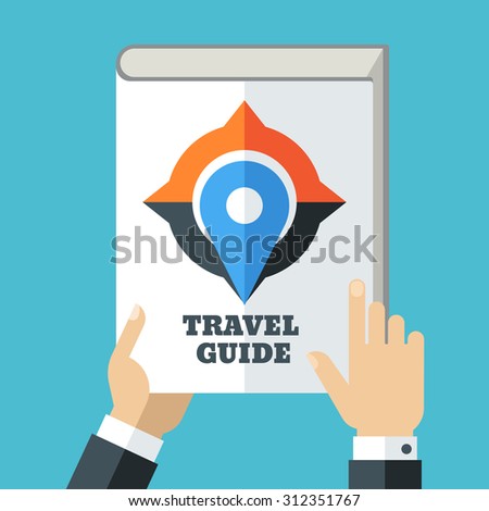 Mens hand holding travel guide. Creative flat illustration of white book, compass and waypoint map symbol. Concept for holidays, planning vacation, tourism.