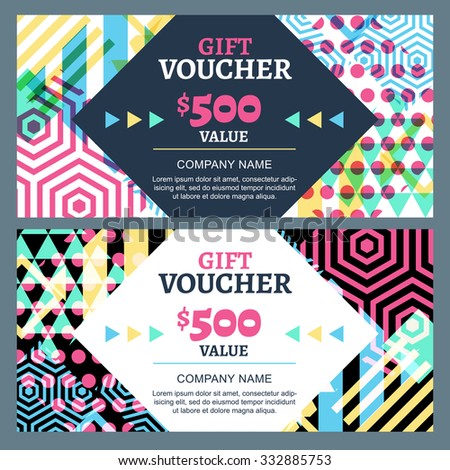 Vector gift voucher with colorful geometric pattern and square frame. Business card template. Abstract creative background. Concept for boutique, fashion shop, accessorize, flyer, banner design.