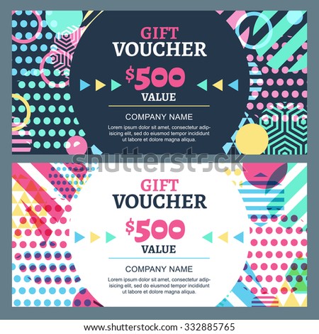 Vector gift voucher with colorful geometric pattern and round frame. Business card template. Abstract creative background. Concept for boutique, fashion shop, accessorize, flyer, banner design.