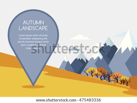 Autumn mountains landscape, vector background. Pin mapping mark with place for text. Nature background with golden fields, forest, mountains and travel marker. Travel and tourism concept.