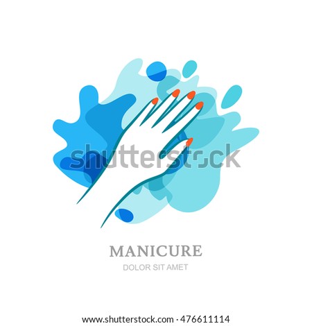 Female hand on water splash background. Vector logo, label, emblem design elements. Concept for beauty salon, manicure, cosmetic, organic care and spa. Womens hand silhouette, isolated.