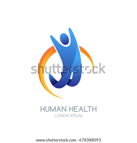 Vector human logo, icon or emblem design. Happy jumping man against abstract sun. Concept for healthcare, fitness and sport.