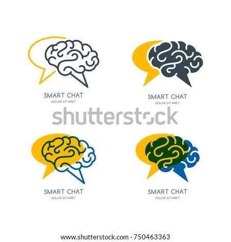 Vector human brain and speech bubble logo, sign, or emblem design. Business forum or chat line icon set. Concept for social network, development and creativity blog.