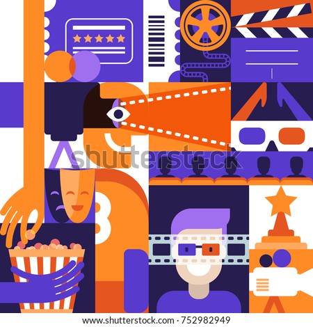 Vector flat geometric design elements for cinema, movie and entertainment theme. Concept for poster, entrance ticket, flyer. Man in 3d glasses, camera film, popkorn illustrations.