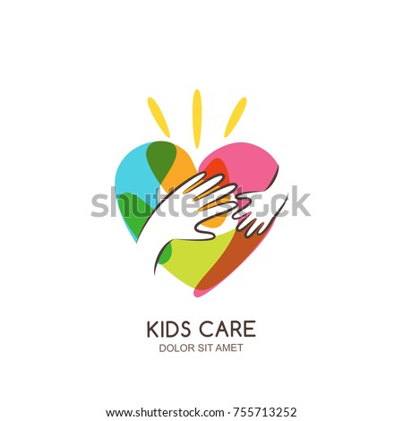 Kids care, family, charity vector logo emblem design template. Hand drawn multicolor heart with baby and adult hands silhouettes, isolated icon. Voluntary non profit organization, healthcare concept.