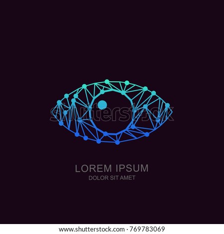 Human low poly eye, vector tech logo, sign or emblem design element. Futuristic concept for biometric recognition, optical, CCTV, retina scan, security camera, cyber vision technology.