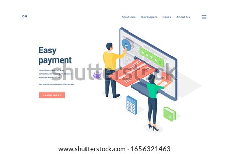 People using easy online payment service. Isometric man and woman pushing virtual buttons on computer monitor near inserted credit card while representing easy payment service on website banner