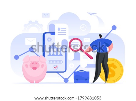 Vector illustration of modern guy using magnifying glass to examine receipt in bank application on smartphone after making finance transaction