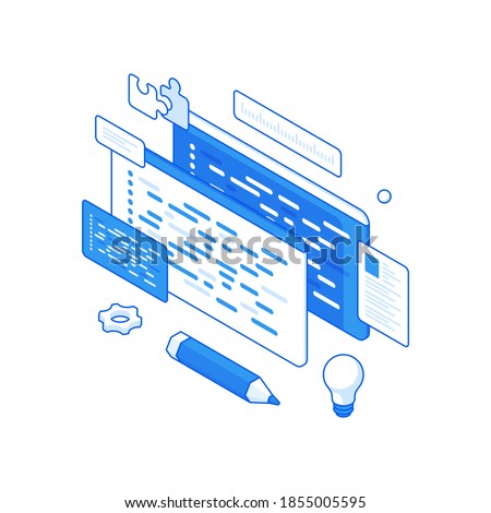 Creative programming and website layout isometric illustration. Coded writing software with testing. Necessary entering data and connecting necessary parts code with optimization vector concept.