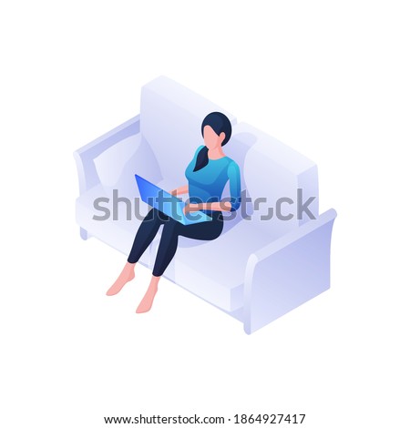 Woman with laptop on sofa isometric illustration. Female character works comfortably at home with blue gadget. Relaxed view new movies and news. Cozy freelancer rest after busy day vector concept.