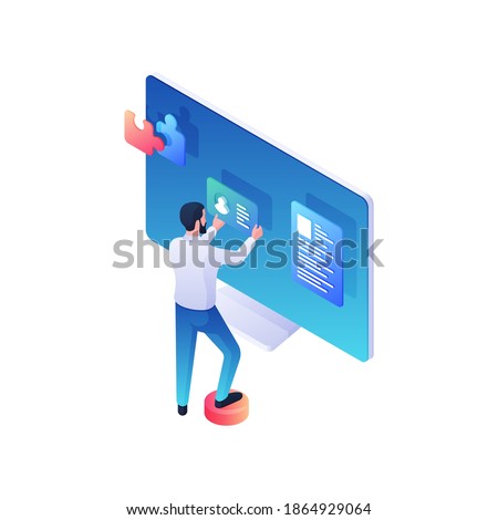 Programmer is developing online user account isometric illustration. Male character makes web assembly attaching customers resume and putting puzzle from description. Social interface vector concept.