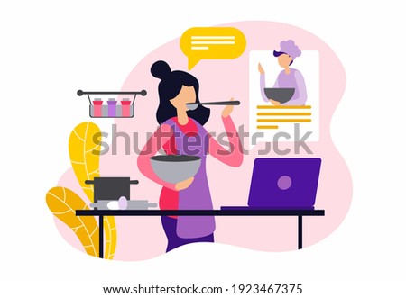Online culinary courses. Female character cooking and watching online recipe. Woman cooking with male chef. Culinary video tutorial, online class. Flat vector illustration