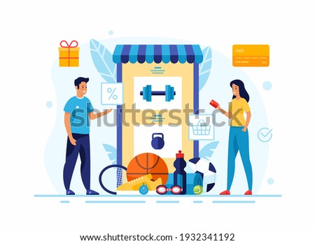 Online application catalog of goods for sports and fitness. Male cartoon character online store consultant recommends a best offer to a female buyer. Flat vector illustration