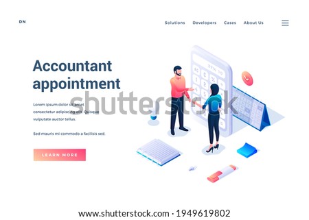 Accountant appointment. Isometric banner. Male and female tiny cartoon characters communicate with each other standing by a large calculator. Landing page template