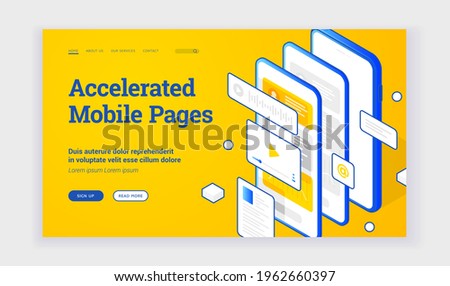 Vector illustration of modern smartphone with several fast websites and applications on advertisement banner for accelerated mobile pages technology. Isometric web banner, landing page template