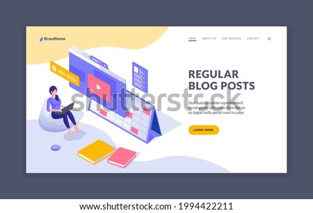 Regular posting information in blog. Woman blogger uploads new video to online channel. Social marketing to attract new viewers and subscribers. Vector isometric landing page template Photo stock © 