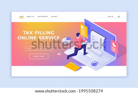 Online service for filling out tax information. Man submits business report on website. Digital government application. Web bookkeeping department. Vector landing page isometric template