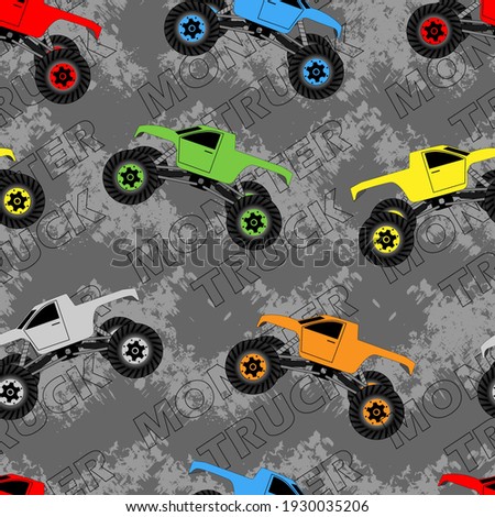 Monster track. Seamless grunge pattern with multicolored cars.