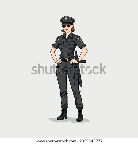 Abstract character of policewoman in black uniform in cartoon style