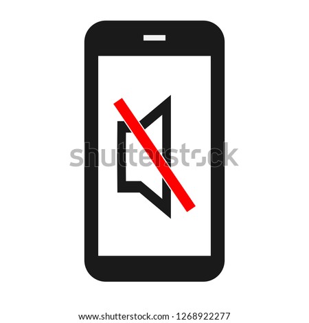 black mute smartphone in silent mode with turn off sound sign on white screen