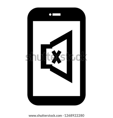 black mute smartphone in silent mode with turn off sound sign on white screen