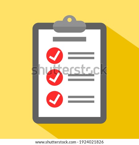 clipboard with white check mark sign on red circle and text symbol on white paper. checklist icon on yellow color background for website and mobile application design element. vector illustration