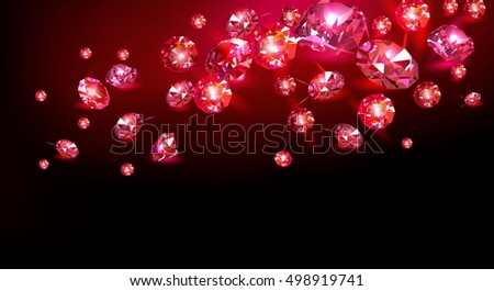 Red rubies scattered on a black background. Vector illustration.