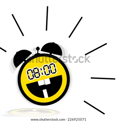 Illustration with the image of a cheerful alarm clock in the form of a emoticon smile on a white background.