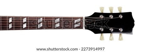 Similar – Image, Stock Photo A black guitar head with the golden tuning pegs and the plastic and metal sides attached to the white screws. A small part of the fingerboard is still visible.