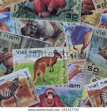 The post stamp abstract seamless patterns for a background. Vietnam - circa 1977: A post stamp printed in the Vietnam shows image of animals, series Animals, circa 1977.