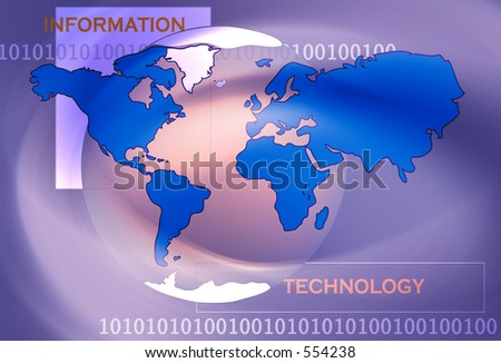 Illustration of the world and continents overlayed on binary code and a textured purple background.