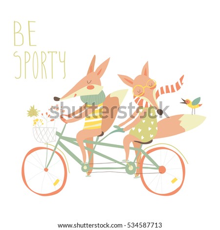Cute couple foxes ride tandem bicycle