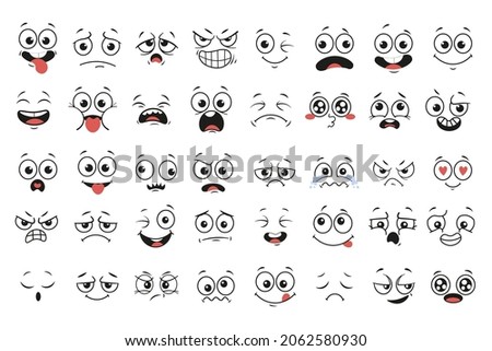 Cartoon comics faces set, Smiling, crying, sad, happines and more character face icons