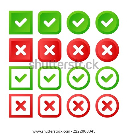 Set of gradient buttons green bush sign and red cross Circle and square hard corner and round