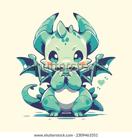 Cute little green dragon with two wings in cartoon style