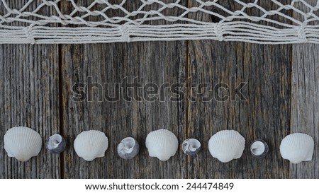 Sea Themed Background with Rustic Wood Fencing and Decorative Fishing Net