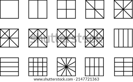 Squares divided in segments from 1 to 16 isolated on white background. Pie or pizza square shapes cut in equal slices in outline style.