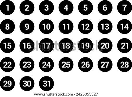 Simple numbers icon set of 1-31 numbers simple black style symbol sign for Calendar, apps and website. Vector illustration.