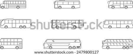Bus Line Icons Set. Transportation symbol. Bus side view. School Bus, City transport. Double decker, intercity, Bus tour transport line icon. Transportation vehicle sign. Vector illustration.
