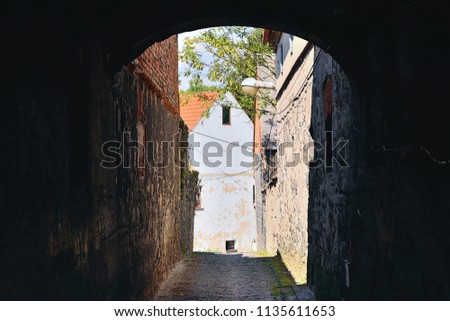 historical pasage with pavement and lamp in center of Kravare village in summer tourist area Macha's land in czech republic in july 2018 Imagine de stoc © 