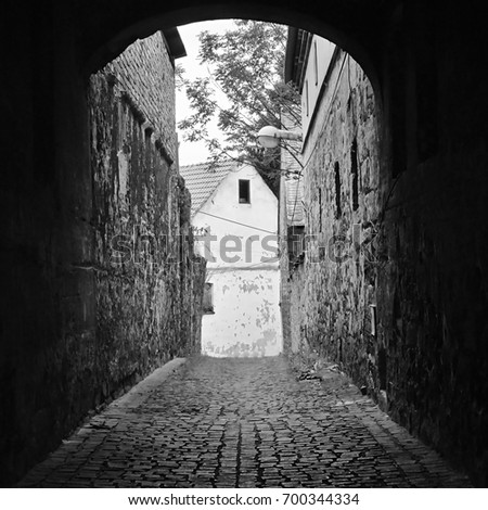 historical pasage with pavement and lamp in center of Kravare village in summer tourist area Macha's land in czech republic Imagine de stoc © 