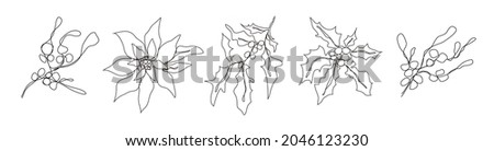 One line of the pattern of winter flowers. Modern art, the line of botanical flower (poinsettia, holly, mistletoe) in the style of minimalism. for print,  poster. vector floral  art illustration. Zdjęcia stock © 