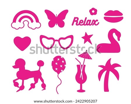 Glamorous trendy set of pink stickers. Cute stickers, objects isolated on white background.  palm tree, lips, flower, shoe, star, logo: collection in a  barbie  style. for print, social network.