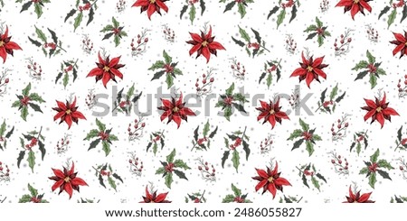 seamless pattern of winter, red berries of Holly, Holly, leaves. modern, hand-drawn, dynamic illustration in a realistic style. for Wallpaper, paper, your ideas. vintage style.