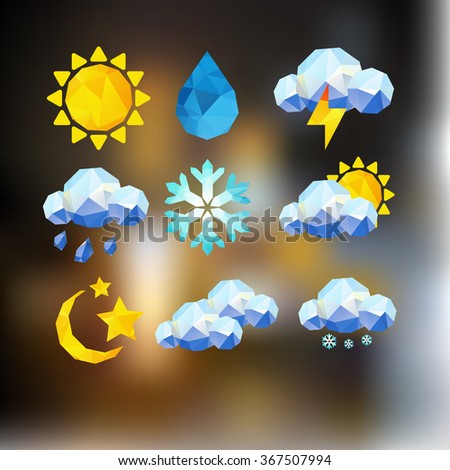 Low poly Weather set - geometric icons.on blur background