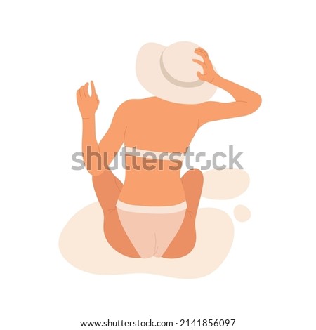 Tanning girl in a swimsuit sitting and holding sun hat. Resting woman on the beach sitting with her back. Summer vacation aesthetic. Vector illustration in cartoon style. Isolated white background. Stok fotoğraf © 